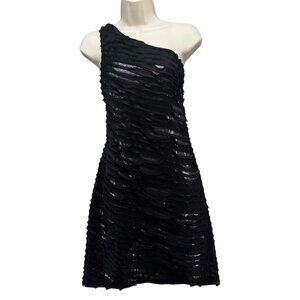 Francis Silk Mini Cocktail Dress Black One Shoulder Metallic Lined Size 6